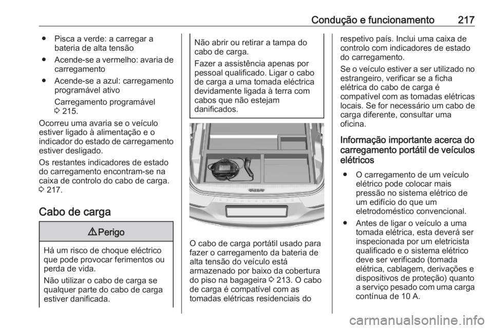 OPEL GRANDLAND X 2020  Manual de Instruções (in Portugues) Condução e funcionamento217● Pisca a verde: a carregar abateria de alta tensão
● Acende-se a vermelho: avaria de
carregamento
● Acende-se a azul: carregamento programável ativo
Carregamento  OPEL GRANDLAND X 2020  Manual de Instruções (in Portugues) Condução e funcionamento217● Pisca a verde: a carregar abateria de alta tensão
● Acende-se a vermelho: avaria de
carregamento
● Acende-se a azul: carregamento programável ativo
Carregamento