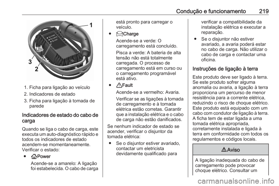 OPEL GRANDLAND X 2020  Manual de Instruções (in Portugues) Condução e funcionamento219
1. Ficha para ligação ao veículo2. Indicadores de estado
3. Ficha para ligação à tomada de parede
Indicadores de estado do cabo de
carga
Quando se liga o cabo de ca OPEL GRANDLAND X 2020  Manual de Instruções (in Portugues) Condução e funcionamento219
1. Ficha para ligação ao veículo2. Indicadores de estado
3. Ficha para ligação à tomada de parede
Indicadores de estado do cabo de
carga
Quando se liga o cabo de ca