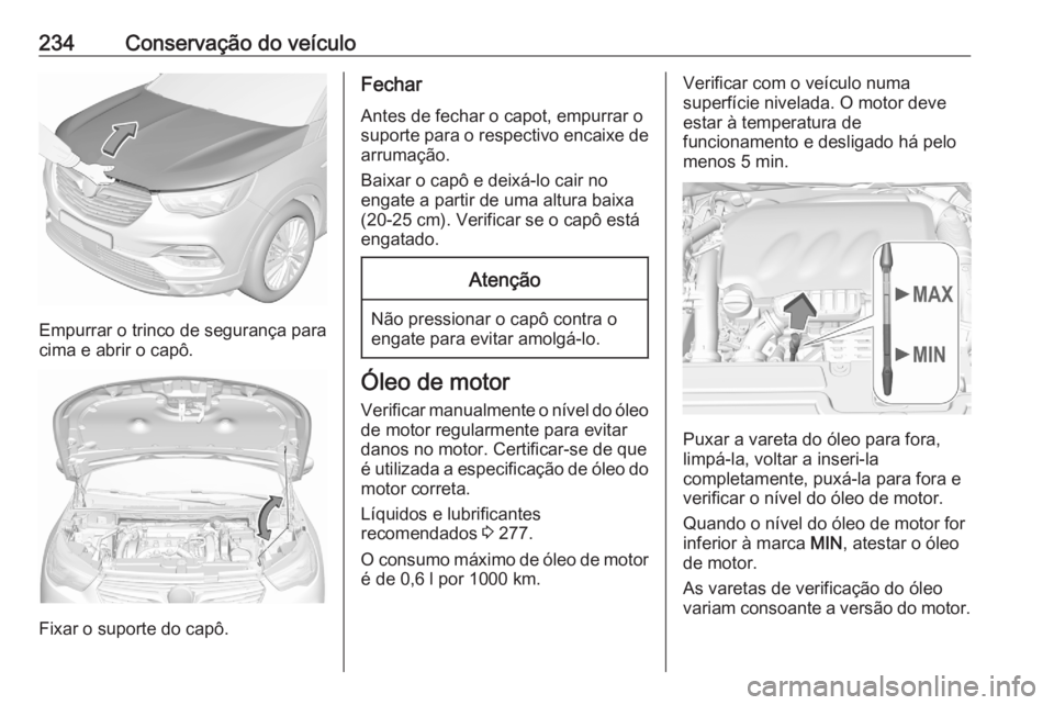 OPEL GRANDLAND X 2020  Manual de Instruções (in Portugues) 234Conservação do veículo
Empurrar o trinco de segurança para
cima e abrir o capô.
Fixar o suporte do capô.
Fechar
Antes de fechar o capot, empurrar o suporte para o respectivo encaixe de
arruma OPEL GRANDLAND X 2020  Manual de Instruções (in Portugues) 234Conservação do veículo
Empurrar o trinco de segurança para
cima e abrir o capô.
Fixar o suporte do capô.
Fechar
Antes de fechar o capot, empurrar o suporte para o respectivo encaixe de
arruma