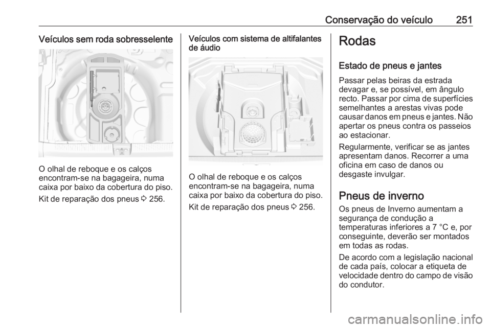 OPEL GRANDLAND X 2020  Manual de Instruções (in Portugues) Conservação do veículo251Veículos sem roda sobresselente
O olhal de reboque e os calços
encontram-se na bagageira, numa
caixa por baixo da cobertura do piso.
Kit de reparação dos pneus  3 256.
 OPEL GRANDLAND X 2020  Manual de Instruções (in Portugues) Conservação do veículo251Veículos sem roda sobresselente
O olhal de reboque e os calços
encontram-se na bagageira, numa
caixa por baixo da cobertura do piso.
Kit de reparação dos pneus  3 256.