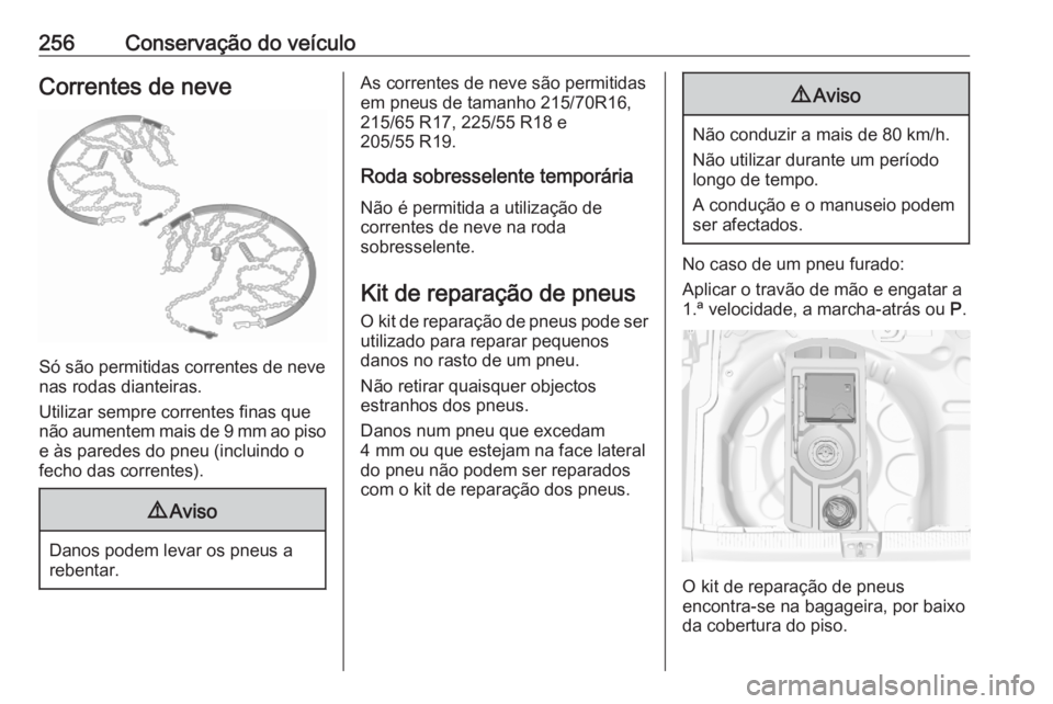 OPEL GRANDLAND X 2020  Manual de Instruções (in Portugues) 256Conservação do veículoCorrentes de neve
Só são permitidas correntes de neve
nas rodas dianteiras.
Utilizar sempre correntes finas que
não aumentem mais de 9 mm ao piso e às paredes do pneu ( OPEL GRANDLAND X 2020  Manual de Instruções (in Portugues) 256Conservação do veículoCorrentes de neve
Só são permitidas correntes de neve
nas rodas dianteiras.
Utilizar sempre correntes finas que
não aumentem mais de 9 mm ao piso e às paredes do pneu (