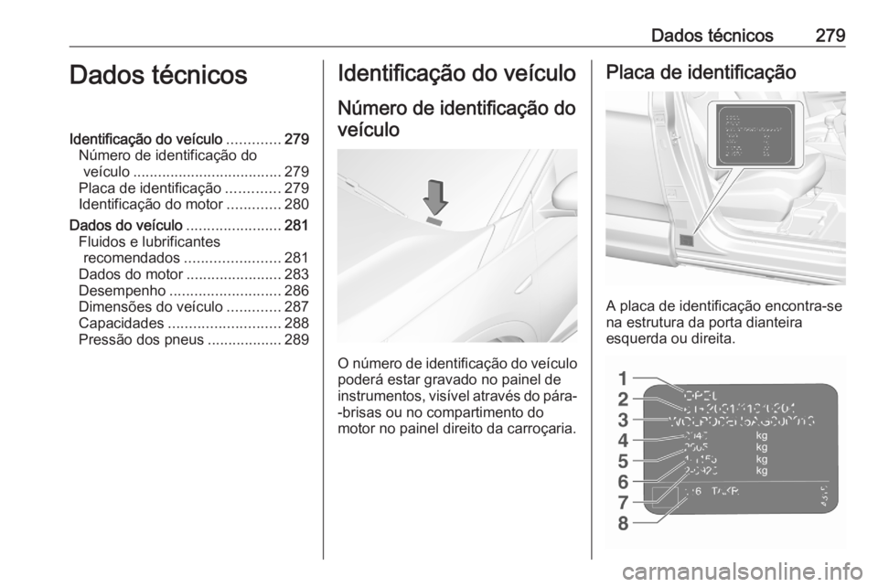 OPEL GRANDLAND X 2020  Manual de Instruções (in Portugues) Dados técnicos279Dados técnicosIdentificação do veículo.............279
Número de identificação do veículo .................................... 279
Placa de identificação .............279
I