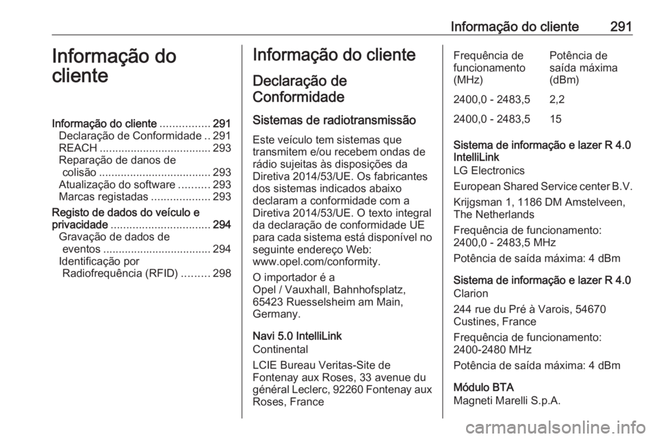 OPEL GRANDLAND X 2020  Manual de Instruções (in Portugues) Informação do cliente291Informação do
clienteInformação do cliente ................291
Declaração de Conformidade ..291
REACH .................................... 293
Reparação de danos de c OPEL GRANDLAND X 2020  Manual de Instruções (in Portugues) Informação do cliente291Informação do
clienteInformação do cliente ................291
Declaração de Conformidade ..291
REACH .................................... 293
Reparação de danos de c