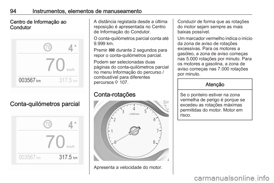 OPEL GRANDLAND X 2020  Manual de Instruções (in Portugues) 94Instrumentos, elementos de manuseamentoCentro de Informação ao
Condutor
Conta-quilómetros parcial
A distância registada desde a última
reposição é apresentada no Centro
de Informação do Co OPEL GRANDLAND X 2020  Manual de Instruções (in Portugues) 94Instrumentos, elementos de manuseamentoCentro de Informação ao
Condutor
Conta-quilómetros parcial
A distância registada desde a última
reposição é apresentada no Centro
de Informação do Co