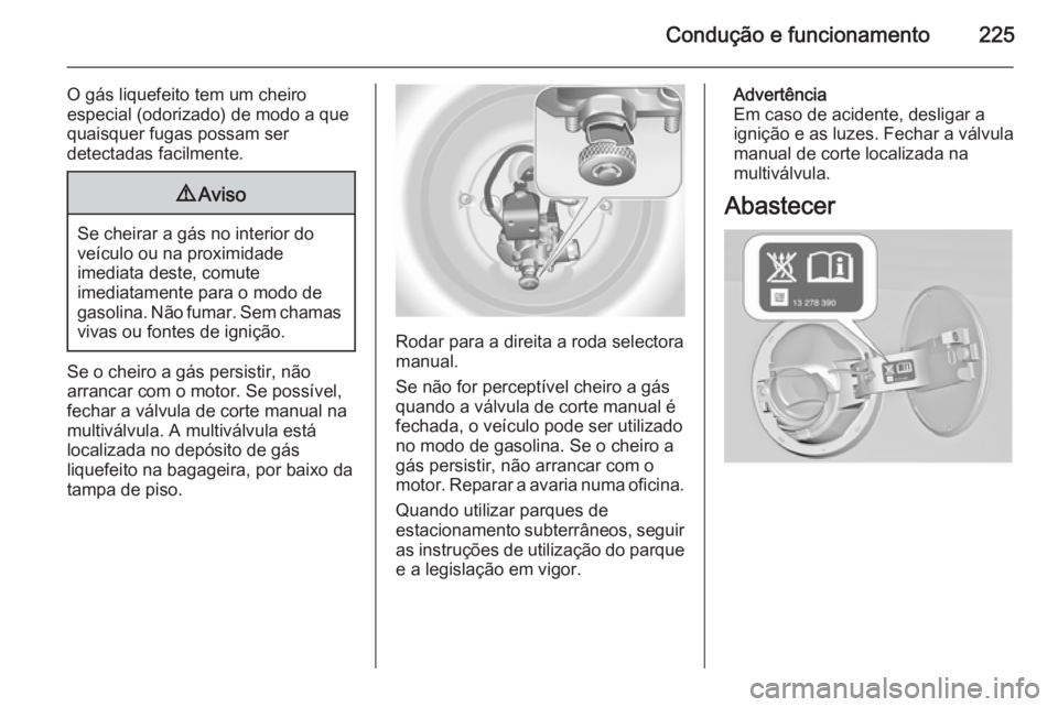 OPEL INSIGNIA 2014 Manual de Instruções (in Portugues) Condução e funcionamento225
O gás liquefeito tem um cheiro
especial (odorizado) de modo a que
quaisquer fugas possam ser
detectadas facilmente.9 Aviso
Se cheirar a gás no interior do
veículo ou n OPEL INSIGNIA 2014 Manual de Instruções (in Portugues) Condução e funcionamento225
O gás liquefeito tem um cheiro
especial (odorizado) de modo a que
quaisquer fugas possam ser
detectadas facilmente.9 Aviso
Se cheirar a gás no interior do
veículo ou n