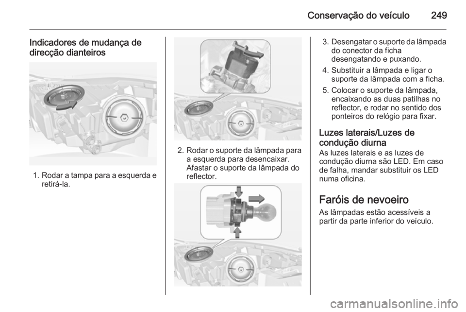 OPEL INSIGNIA 2014 Manual de Instruções (in Portugues) Conservação do veículo249
Indicadores de mudança de
direcção dianteiros
1. Rodar a tampa para a esquerda e
retirá-la.
2. Rodar o suporte da lâmpada para
a esquerda para desencaixar.
Afastar o OPEL INSIGNIA 2014 Manual de Instruções (in Portugues) Conservação do veículo249
Indicadores de mudança de
direcção dianteiros
1. Rodar a tampa para a esquerda e
retirá-la.
2. Rodar o suporte da lâmpada para
a esquerda para desencaixar.
Afastar o