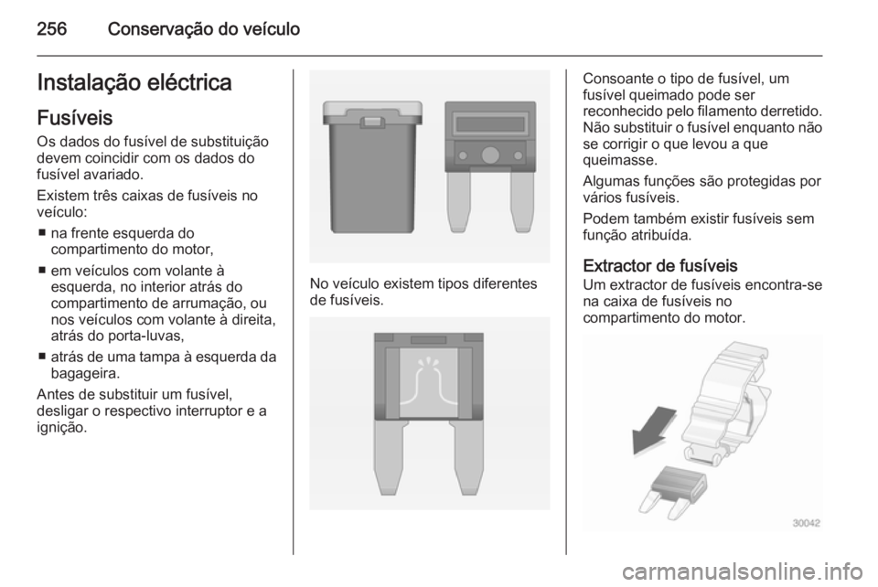 OPEL INSIGNIA 2014 Manual de Instruções (in Portugues) 256Conservação do veículoInstalação eléctricaFusíveis
Os dados do fusível de substituição
devem coincidir com os dados do
fusível avariado.
Existem três caixas de fusíveis no
veículo:
OPEL INSIGNIA 2014 Manual de Instruções (in Portugues) 256Conservação do veículoInstalação eléctricaFusíveis
Os dados do fusível de substituição
devem coincidir com os dados do
fusível avariado.
Existem três caixas de fusíveis no
veículo: