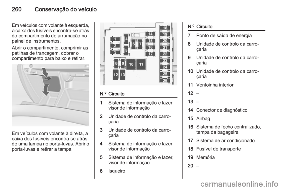 OPEL INSIGNIA 2014 Manual de Instruções (in Portugues) 260Conservação do veículo
Em veículos com volante à esquerda,a caixa dos fusíveis encontra-se atrás
do compartimento de arrumação no
painel de instrumentos.
Abrir o compartimento, comprimir a OPEL INSIGNIA 2014 Manual de Instruções (in Portugues) 260Conservação do veículo
Em veículos com volante à esquerda,a caixa dos fusíveis encontra-se atrás
do compartimento de arrumação no
painel de instrumentos.
Abrir o compartimento, comprimir a