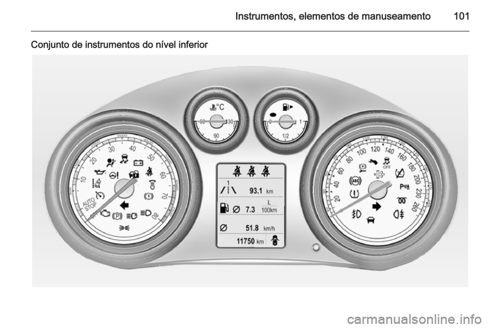 OPEL INSIGNIA 2014.5  Manual de Instruções (in Portugues) Instrumentos, elementos de manuseamento101
Conjunto de instrumentos do nível inferior 