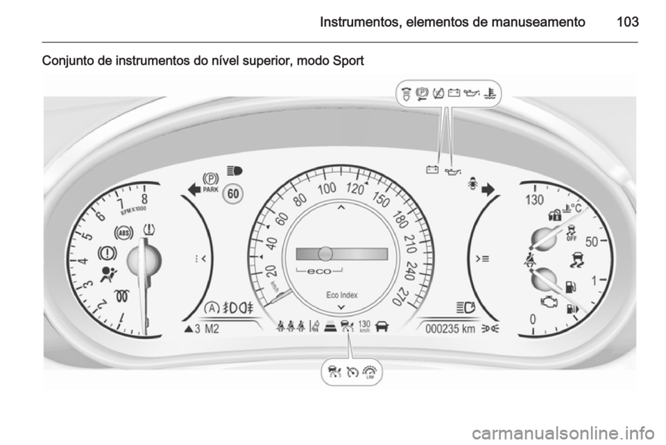 OPEL INSIGNIA 2014.5  Manual de Instruções (in Portugues) Instrumentos, elementos de manuseamento103
Conjunto de instrumentos do nível superior, modo Sport 