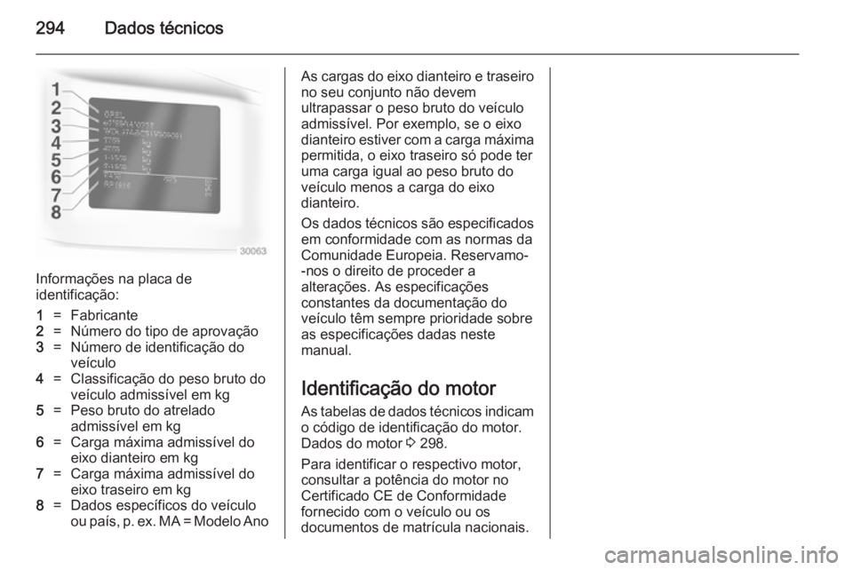 OPEL INSIGNIA 2014.5 Manual de Instruções (in Portugues) 294Dados técnicos
Informações na placa de
identificação:
1=Fabricante2=Número do tipo de aprovação3=Número de identificação do
veículo4=Classificação do peso bruto do
veículo admissíve OPEL INSIGNIA 2014.5 Manual de Instruções (in Portugues) 294Dados técnicos
Informações na placa de
identificação:
1=Fabricante2=Número do tipo de aprovação3=Número de identificação do
veículo4=Classificação do peso bruto do
veículo admissíve