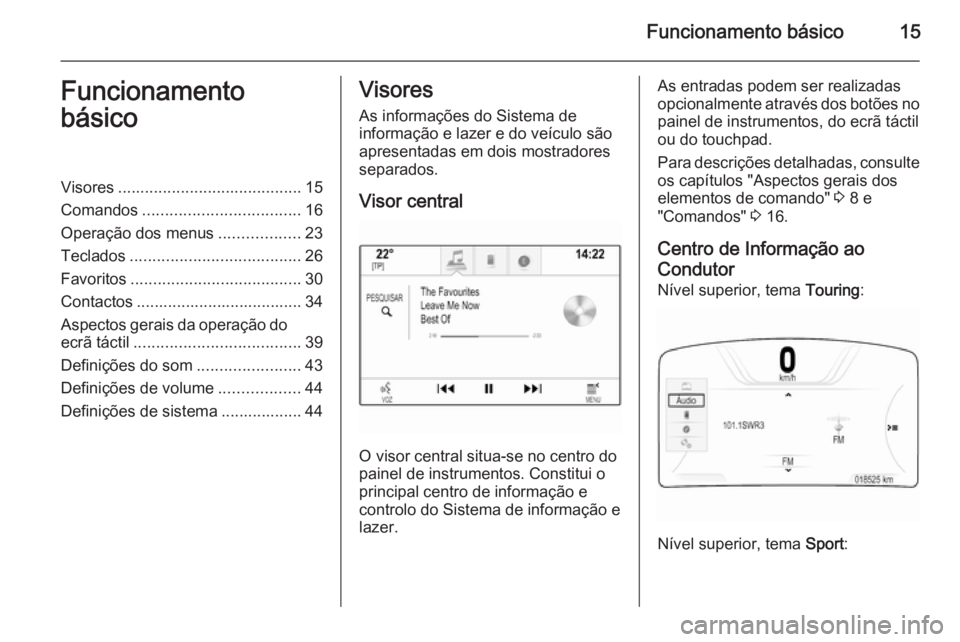 OPEL INSIGNIA 2015  Manual de Informação e Lazer (in Portugues) Funcionamento básico15Funcionamento
básicoVisores ......................................... 15
Comandos ................................... 16
Operação dos menus ..................23
Teclados ....