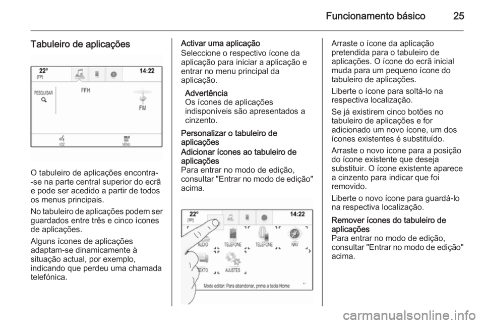 OPEL INSIGNIA 2015  Manual de Informação e Lazer (in Portugues) Funcionamento básico25
Tabuleiro de aplicações
O tabuleiro de aplicações encontra-
-se na parte central superior do ecrã
e pode ser acedido a partir de todos
os menus principais.
No tabuleiro de