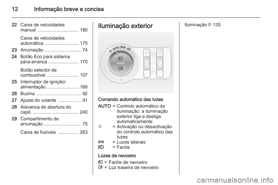 OPEL INSIGNIA 2015  Manual de Instruções (in Portugues) 12Informação breve e concisa
22Caixa de velocidades
manual  ............................... 180
Caixa de velocidades
automática  ......................... 175
23 Arrumação .......................