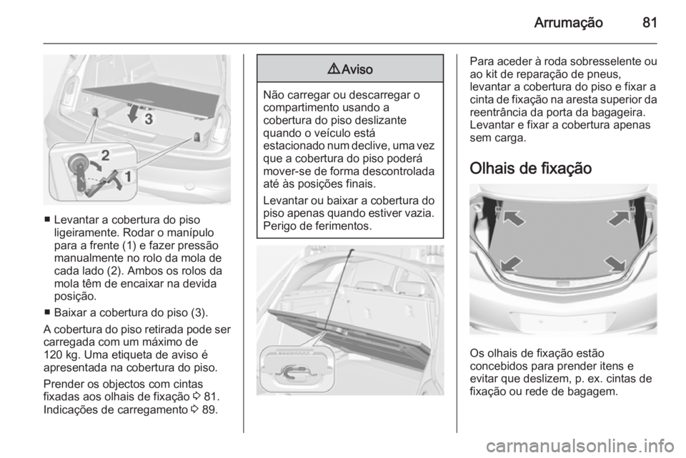 OPEL INSIGNIA 2015  Manual de Instruções (in Portugues) Arrumação81
■ Levantar a cobertura do pisoligeiramente. Rodar o manípulo
para a frente (1) e fazer pressão
manualmente no rolo da mola de
cada lado (2). Ambos os rolos da
mola têm de encaixar n