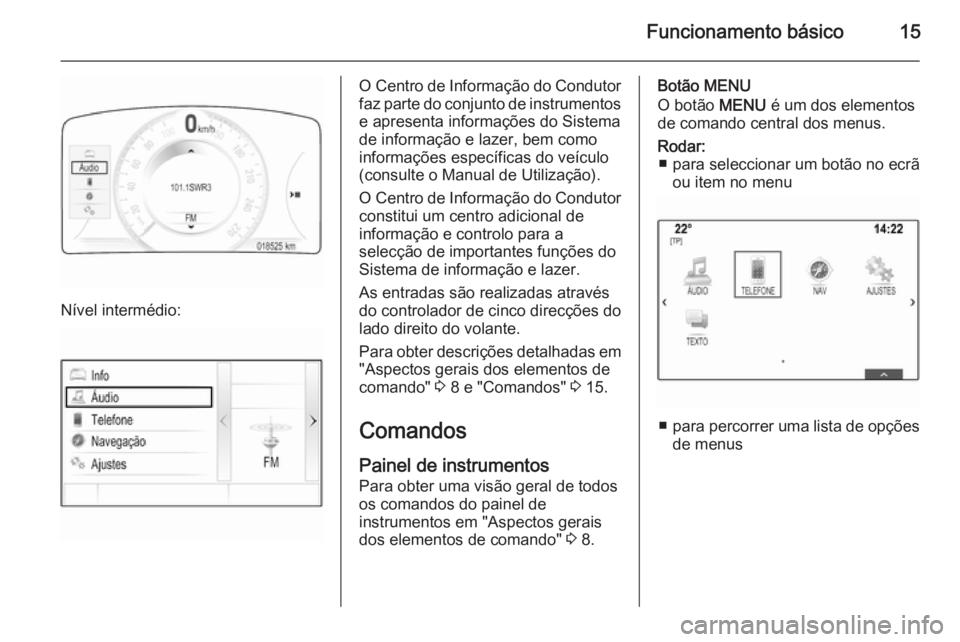 OPEL INSIGNIA 2015.5  Manual de Informação e Lazer (in Portugues) Funcionamento básico15
Nível intermédio:
O Centro de Informação do Condutor
faz parte do conjunto de instrumentos e apresenta informações do Sistema
de informação e lazer, bem como
informaç