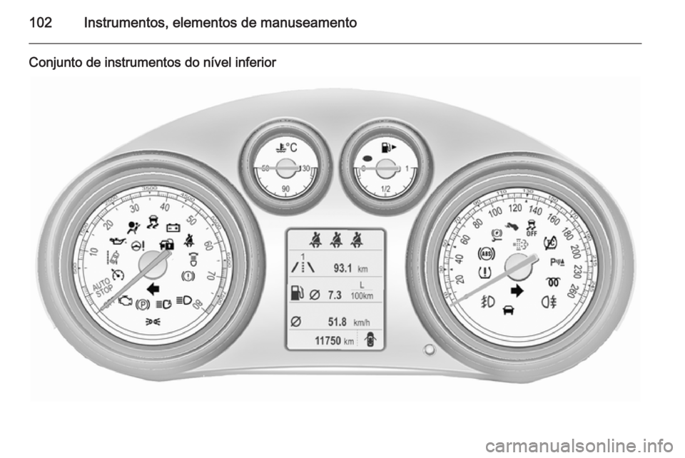 OPEL INSIGNIA 2015.5  Manual de Instruções (in Portugues) 102Instrumentos, elementos de manuseamento
Conjunto de instrumentos do nível inferior 