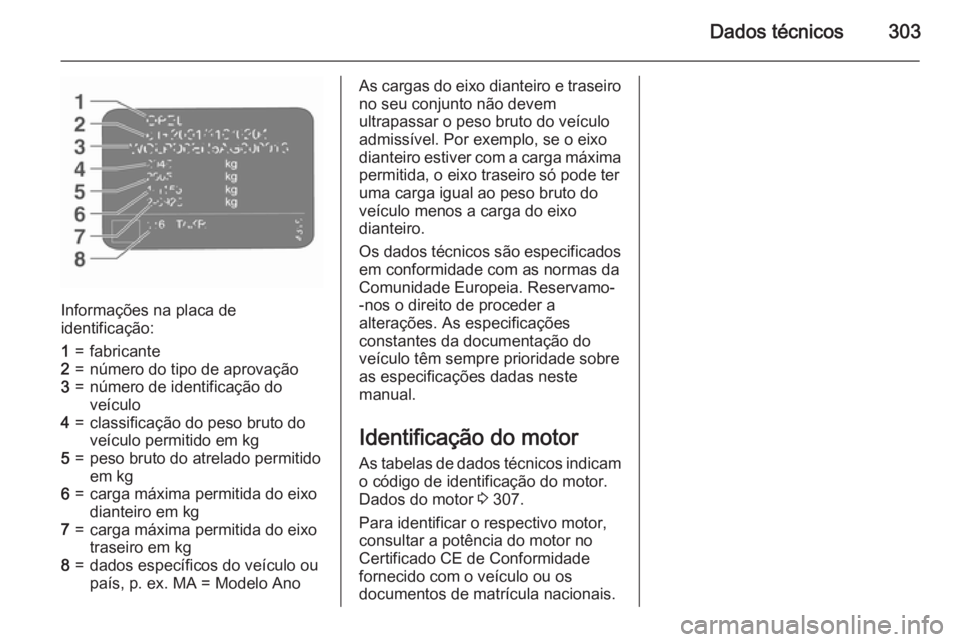 OPEL INSIGNIA 2015.5 Manual de Instruções (in Portugues) Dados técnicos303
Informações na placa de
identificação:
1=fabricante2=número do tipo de aprovação3=número de identificação do
veículo4=classificação do peso bruto do
veículo permitido OPEL INSIGNIA 2015.5 Manual de Instruções (in Portugues) Dados técnicos303
Informações na placa de
identificação:
1=fabricante2=número do tipo de aprovação3=número de identificação do
veículo4=classificação do peso bruto do
veículo permitido