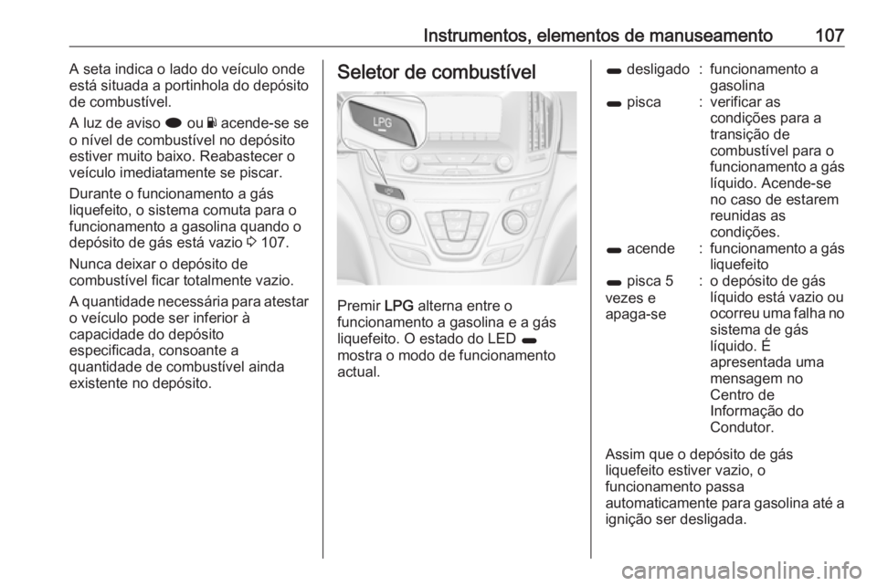 OPEL INSIGNIA 2016  Manual de Instruções (in Portugues) Instrumentos, elementos de manuseamento107A seta indica o lado do veículo ondeestá situada a portinhola do depósito
de combustível.
A luz de aviso  i ou  Y acende-se se
o nível de combustível no
