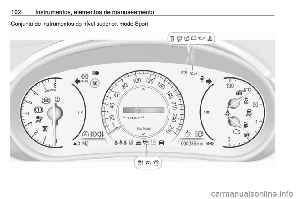 OPEL INSIGNIA 2016.5  Manual de Instruções (in Portugues) 102Instrumentos, elementos de manuseamentoConjunto de instrumentos do nível superior, modo Sport 