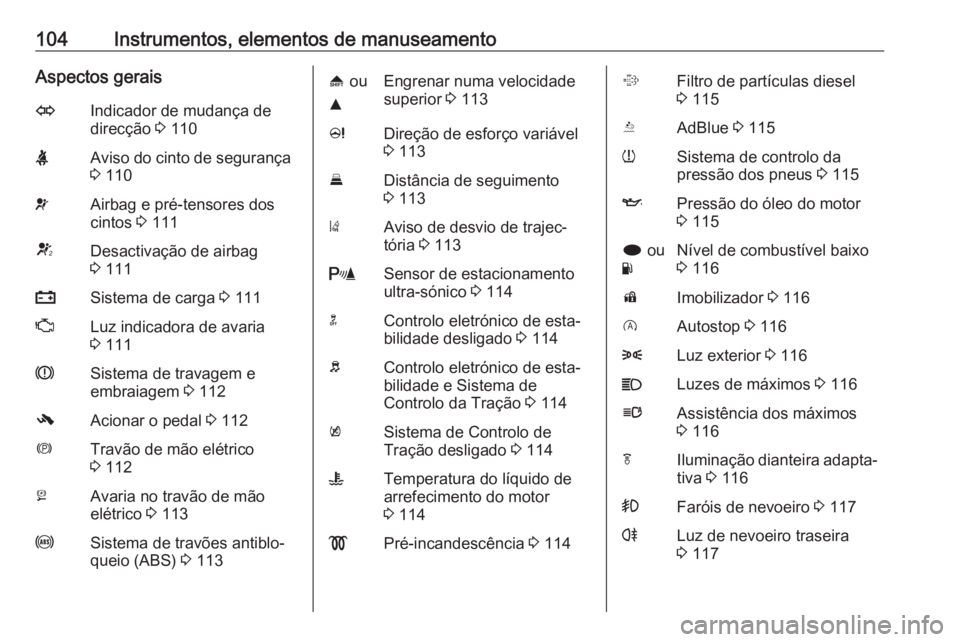 OPEL INSIGNIA 2016.5 Manual de Instruções (in Portugues) 104Instrumentos, elementos de manuseamentoAspectos geraisOIndicador de mudança de
direcção 3 110XAviso do cinto de segurança
3 110vAirbag e pré-tensores dos
cintos 3 111VDesactivação de airb OPEL INSIGNIA 2016.5 Manual de Instruções (in Portugues) 104Instrumentos, elementos de manuseamentoAspectos geraisOIndicador de mudança de
direcção 3 110XAviso do cinto de segurança
3 110vAirbag e pré-tensores dos
cintos 3 111VDesactivação de airb