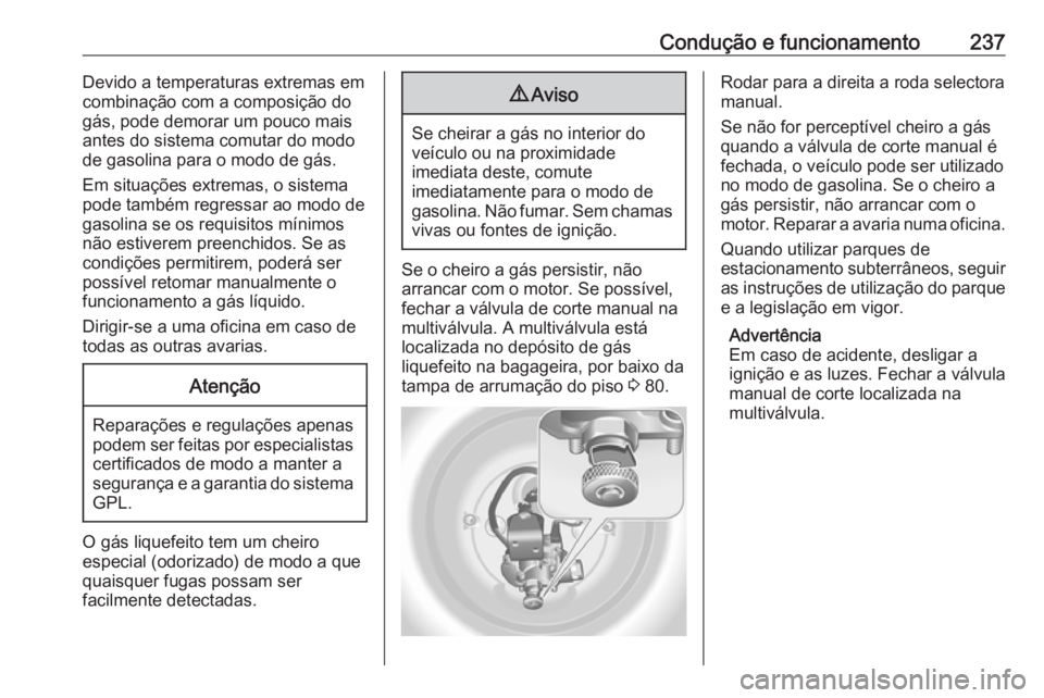 OPEL INSIGNIA 2016.5 Manual de Instruções (in Portugues) Condução e funcionamento237Devido a temperaturas extremas em
combinação com a composição do
gás, pode demorar um pouco mais
antes do sistema comutar do modo
de gasolina para o modo de gás.
Em OPEL INSIGNIA 2016.5 Manual de Instruções (in Portugues) Condução e funcionamento237Devido a temperaturas extremas em
combinação com a composição do
gás, pode demorar um pouco mais
antes do sistema comutar do modo
de gasolina para o modo de gás.
Em