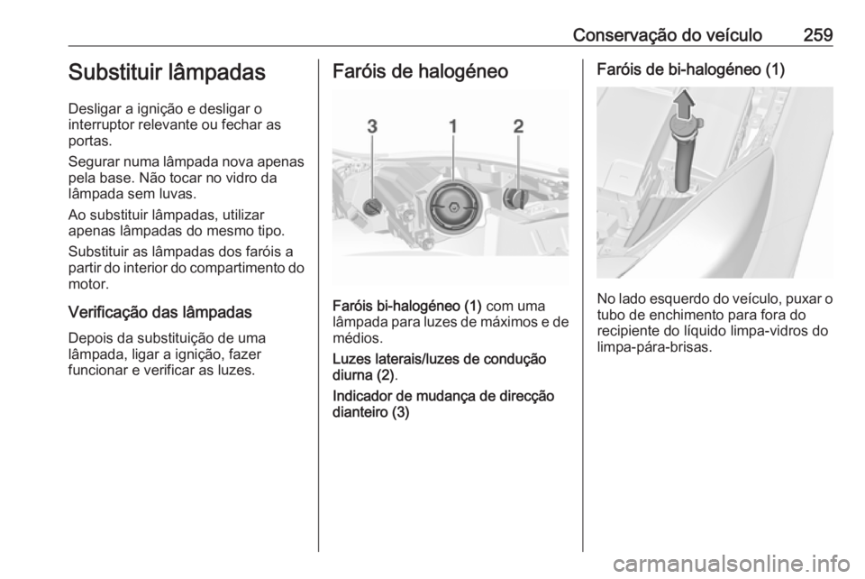 OPEL INSIGNIA 2016.5 Manual de Instruções (in Portugues) Conservação do veículo259Substituir lâmpadas
Desligar a ignição e desligar o
interruptor relevante ou fechar as portas.
Segurar numa lâmpada nova apenas pela base. Não tocar no vidro da
lâmpa OPEL INSIGNIA 2016.5 Manual de Instruções (in Portugues) Conservação do veículo259Substituir lâmpadas
Desligar a ignição e desligar o
interruptor relevante ou fechar as portas.
Segurar numa lâmpada nova apenas pela base. Não tocar no vidro da
lâmpa