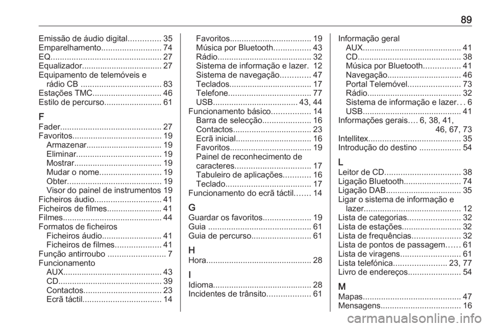 OPEL INSIGNIA 2017  Manual de Informação e Lazer (in Portugues) 89Emissão de áudio digital..............35
Emparelhamento ..........................74
EQ ................................................ 27
Equalizador................................... 27 Equipa