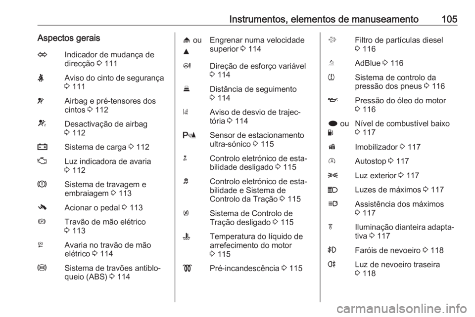 OPEL INSIGNIA 2017  Manual de Instruções (in Portugues) Instrumentos, elementos de manuseamento105Aspectos geraisOIndicador de mudança de
direcção  3 111XAviso do cinto de segurança
3  111vAirbag e pré-tensores dos
cintos  3 112VDesactivação de airb