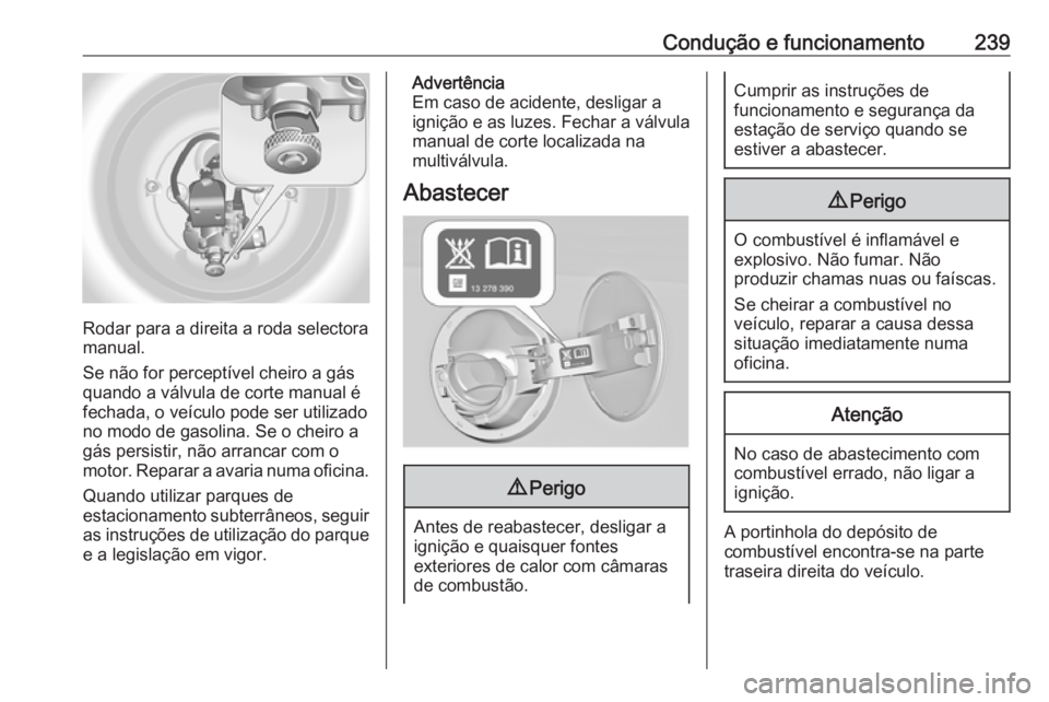 OPEL INSIGNIA 2017 Manual de Instruções (in Portugues) Condução e funcionamento239
Rodar para a direita a roda selectora
manual.
Se não for perceptível cheiro a gás quando a válvula de corte manual é
fechada, o veículo pode ser utilizado
no modo d OPEL INSIGNIA 2017 Manual de Instruções (in Portugues) Condução e funcionamento239
Rodar para a direita a roda selectora
manual.
Se não for perceptível cheiro a gás quando a válvula de corte manual é
fechada, o veículo pode ser utilizado
no modo d