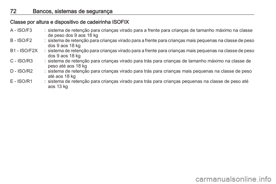OPEL INSIGNIA 2017 Manual de Instruções (in Portugues) 72Bancos, sistemas de segurançaClasse por altura e dispositivo de cadeirinha ISOFIXA - ISO/F3:sistema de retenção para crianças virado para a frente para crianças de tamanho máximo na classede p OPEL INSIGNIA 2017 Manual de Instruções (in Portugues) 72Bancos, sistemas de segurançaClasse por altura e dispositivo de cadeirinha ISOFIXA - ISO/F3:sistema de retenção para crianças virado para a frente para crianças de tamanho máximo na classede p