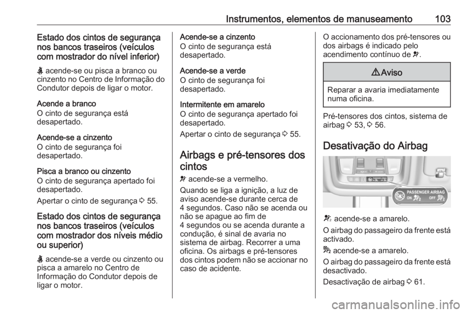 OPEL INSIGNIA BREAK 2017.5 Manual de Instruções (in Portugues) Instrumentos, elementos de manuseamento103Estado dos cintos de segurançanos bancos traseiros (veículos
com mostrador do nível inferior)
X acende-se ou pisca a branco ou
cinzento no Centro de Infor OPEL INSIGNIA BREAK 2017.5 Manual de Instruções (in Portugues) Instrumentos, elementos de manuseamento103Estado dos cintos de segurançanos bancos traseiros (veículos
com mostrador do nível inferior)
X acende-se ou pisca a branco ou
cinzento no Centro de Infor