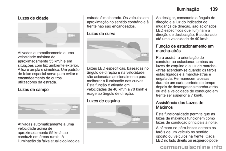 OPEL INSIGNIA BREAK 2017.5  Manual de Instruções (in Portugues) Iluminação139Luzes de cidade
Ativadas automaticamente a uma
velocidade máxima de
aproximadamente 55 km/h e em
situações com luz ambiente exterior.
A luz é ampla e simétrica. Um padrão
de feixe