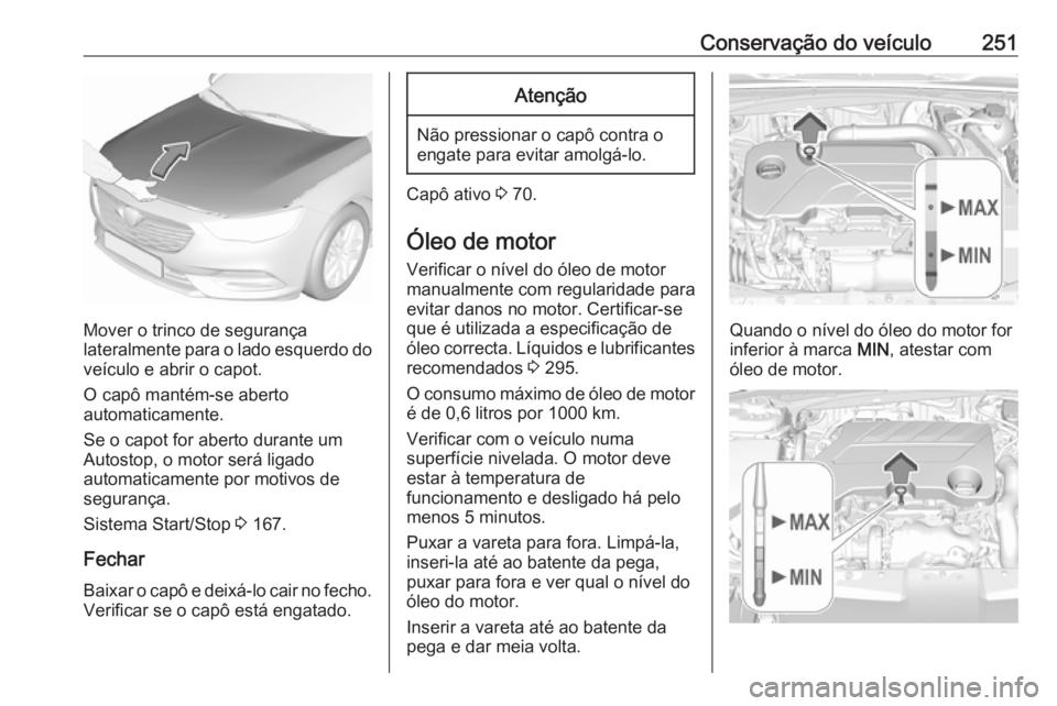 OPEL INSIGNIA BREAK 2017.5  Manual de Instruções (in Portugues) Conservação do veículo251
Mover o trinco de segurança
lateralmente para o lado esquerdo do veículo e abrir o capot.
O capô mantém-se aberto
automaticamente.
Se o capot for aberto durante um
Aut