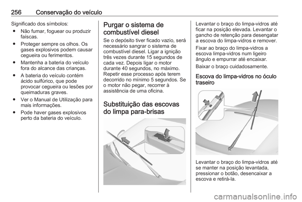 OPEL INSIGNIA BREAK 2017.5  Manual de Instruções (in Portugues) 256Conservação do veículoSignificado dos símbolos:● Não fumar, foguear ou produzir faíscas.
● Proteger sempre os olhos. Os gases explosivos podem causar
cegueira ou ferimentos.
● Mantenha 