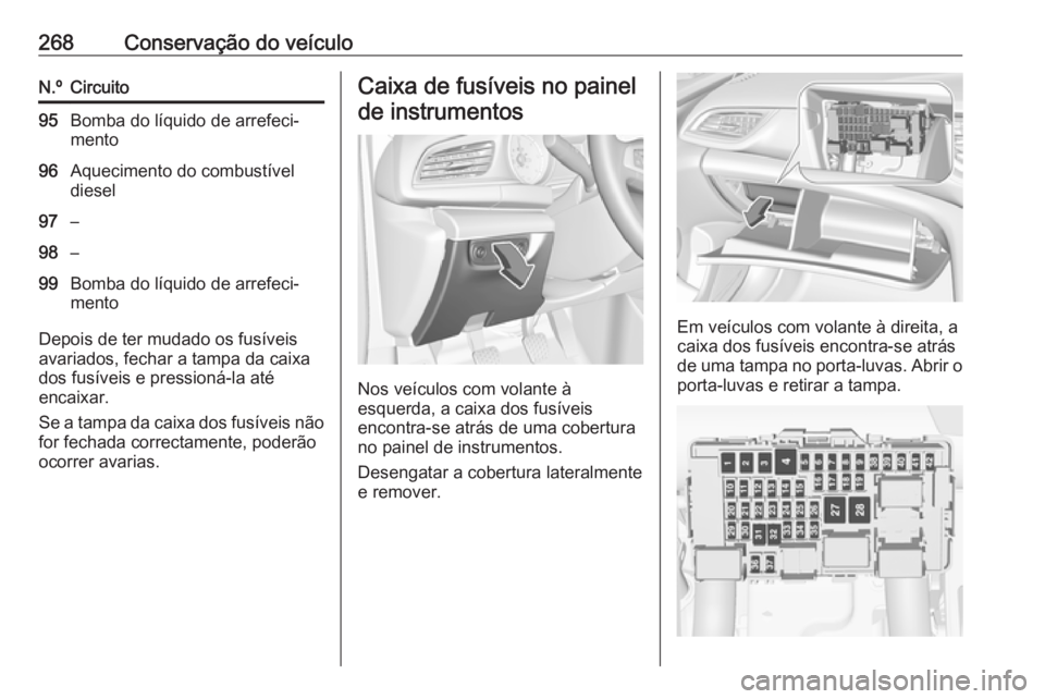 OPEL INSIGNIA BREAK 2017.5  Manual de Instruções (in Portugues) 268Conservação do veículoN.ºCircuito95Bomba do líquido de arrefeci‐
mento96Aquecimento do combustível
diesel97–98–99Bomba do líquido de arrefeci‐
mento
Depois de ter mudado os fusíveis