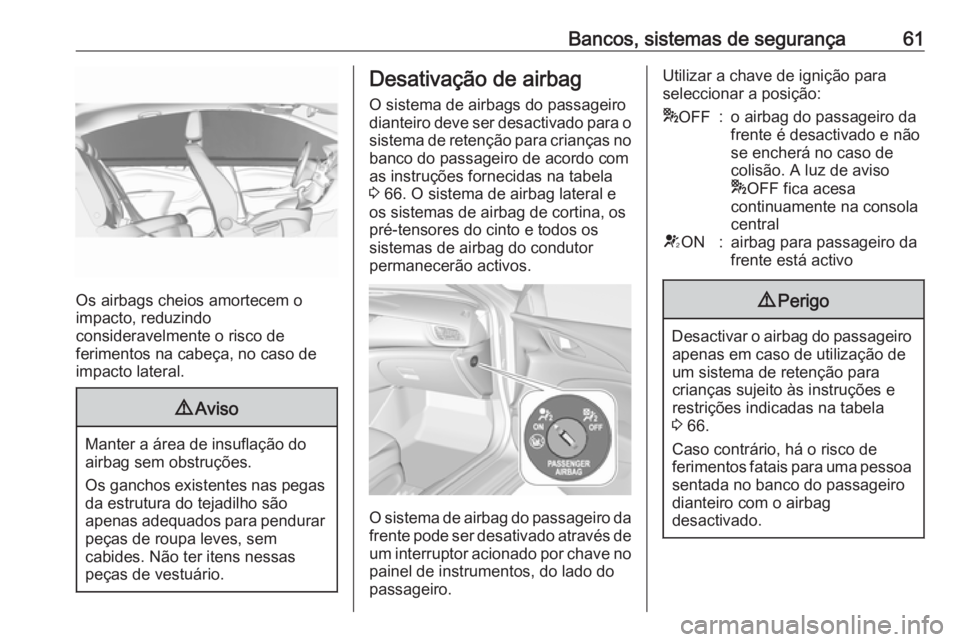 OPEL INSIGNIA BREAK 2017.5 Manual de Instruções (in Portugues) Bancos, sistemas de segurança61
Os airbags cheios amortecem o
impacto, reduzindo
consideravelmente o risco de
ferimentos na cabeça, no caso de
impacto lateral.
9 Aviso
Manter a área de insuflação OPEL INSIGNIA BREAK 2017.5 Manual de Instruções (in Portugues) Bancos, sistemas de segurança61
Os airbags cheios amortecem o
impacto, reduzindo
consideravelmente o risco de
ferimentos na cabeça, no caso de
impacto lateral.
9 Aviso
Manter a área de insuflação