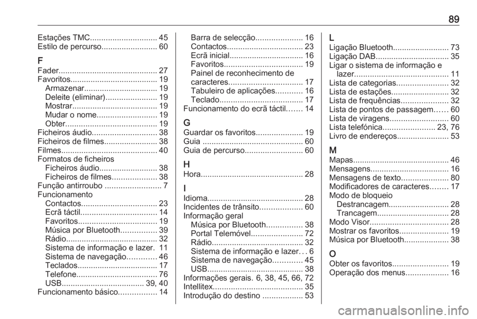 OPEL INSIGNIA BREAK 2017.75  Manual de Informação e Lazer (in Portugues) 89Estações TMC.............................. 45
Estilo de percurso .........................60
F
Fader ............................................ 27
Favoritos .....................................