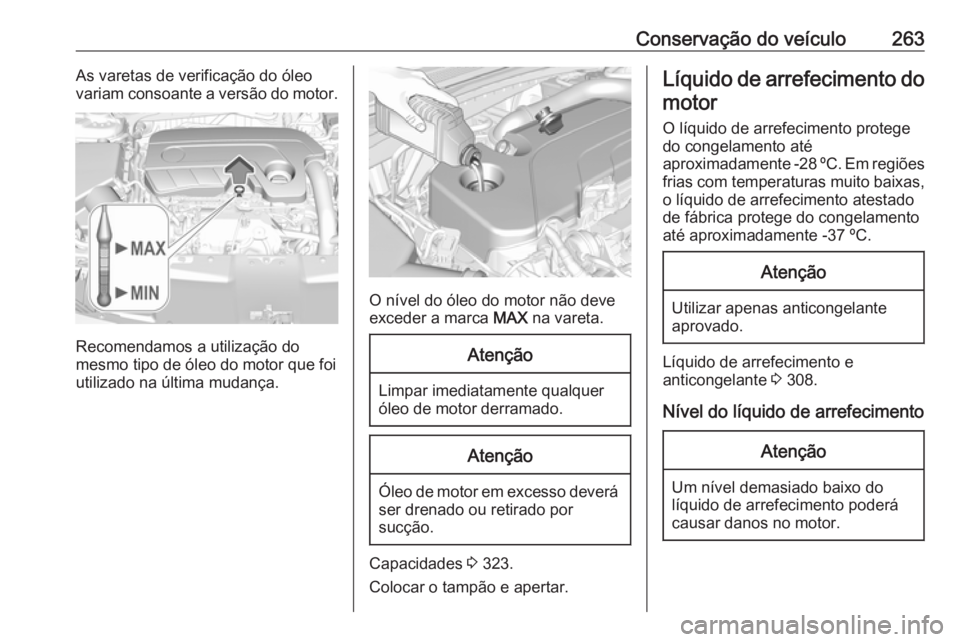 OPEL INSIGNIA BREAK 2017.75  Manual de Instruções (in Portugues) Conservação do veículo263As varetas de verificação do óleo
variam consoante a versão do motor.
Recomendamos a utilização do
mesmo tipo de óleo do motor que foi utilizado na última mudança.