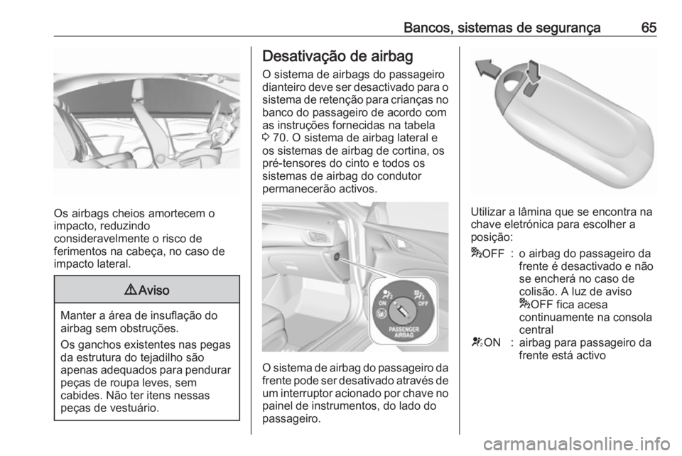 OPEL INSIGNIA BREAK 2017.75  Manual de Instruções (in Portugues) Bancos, sistemas de segurança65
Os airbags cheios amortecem o
impacto, reduzindo
consideravelmente o risco de
ferimentos na cabeça, no caso de
impacto lateral.
9 Aviso
Manter a área de insuflação
