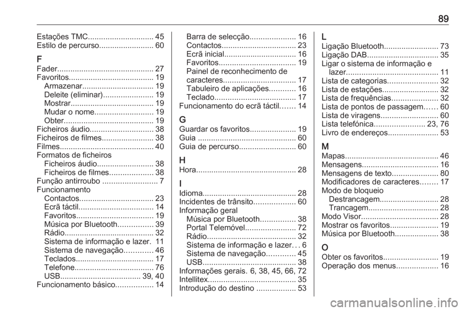 OPEL INSIGNIA BREAK 2018 Manual de Informação e Lazer (in Portugues) 89Estações TMC.............................. 45
Estilo de percurso .........................60
F
Fader ............................................ 27
Favoritos ..................................... OPEL INSIGNIA BREAK 2018 Manual de Informação e Lazer (in Portugues) 89Estações TMC.............................. 45
Estilo de percurso .........................60
F
Fader ............................................ 27
Favoritos .....................................
