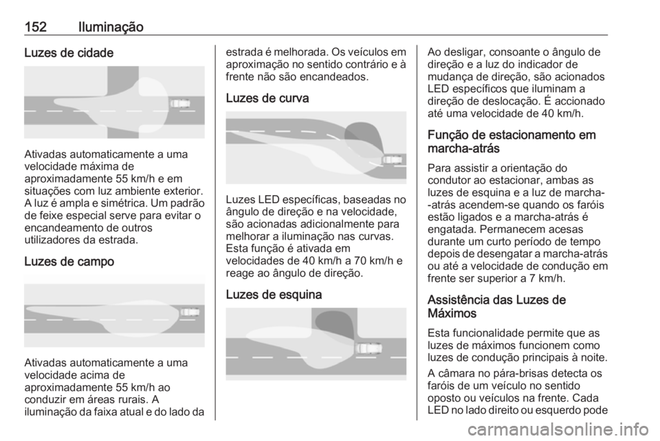 OPEL INSIGNIA BREAK 2018 Manual de Instruções (in Portugues) 152IluminaçãoLuzes de cidade
Ativadas automaticamente a uma
velocidade máxima de
aproximadamente 55 km/h e em
situações com luz ambiente exterior.
A luz é ampla e simétrica. Um padrão
de feixe OPEL INSIGNIA BREAK 2018 Manual de Instruções (in Portugues) 152IluminaçãoLuzes de cidade
Ativadas automaticamente a uma
velocidade máxima de
aproximadamente 55 km/h e em
situações com luz ambiente exterior.
A luz é ampla e simétrica. Um padrão
de feixe