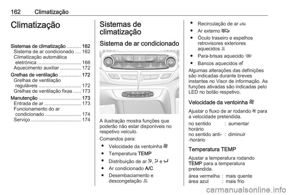 OPEL INSIGNIA BREAK 2018 Manual de Instruções (in Portugues) 162ClimatizaçãoClimatizaçãoSistemas de climatização..........162
Sistema de ar condicionado ....162
Climatização automática eletrónica ................................ 166
Aquecimento auxili OPEL INSIGNIA BREAK 2018 Manual de Instruções (in Portugues) 162ClimatizaçãoClimatizaçãoSistemas de climatização..........162
Sistema de ar condicionado ....162
Climatização automática eletrónica ................................ 166
Aquecimento auxili