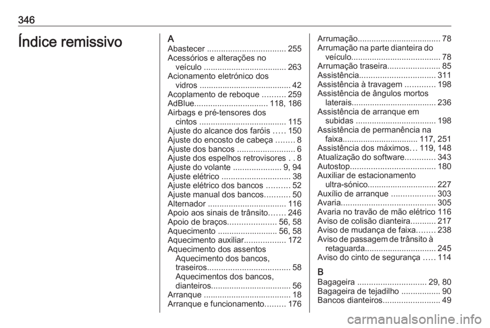 OPEL INSIGNIA BREAK 2018  Manual de Instruções (in Portugues) 346Índice remissivoAAbastecer  .................................. 255
Acessórios e alterações no veículo  .................................... 263
Acionamento eletrónico dos vidros .............
