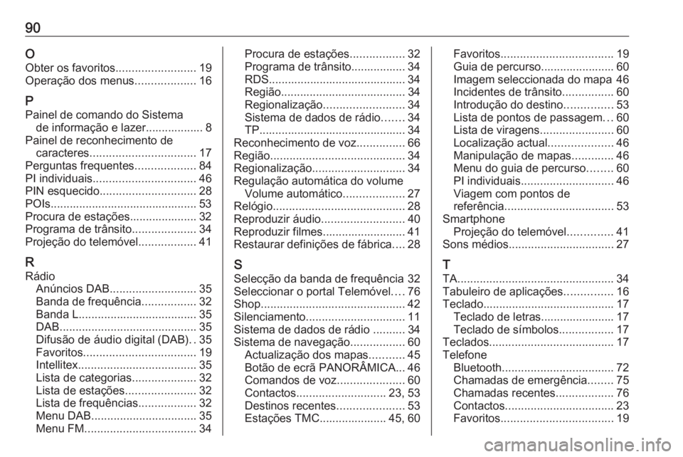OPEL INSIGNIA BREAK 2018.5 Manual de Informação e Lazer (in Portugues) 90O
Obter os favoritos .........................19
Operação dos menus ...................16
P Painel de comando do Sistema de informação e lazer.................. 8
Painel de reconhecimento de car OPEL INSIGNIA BREAK 2018.5 Manual de Informação e Lazer (in Portugues) 90O
Obter os favoritos .........................19
Operação dos menus ...................16
P Painel de comando do Sistema de informação e lazer.................. 8
Painel de reconhecimento de car
