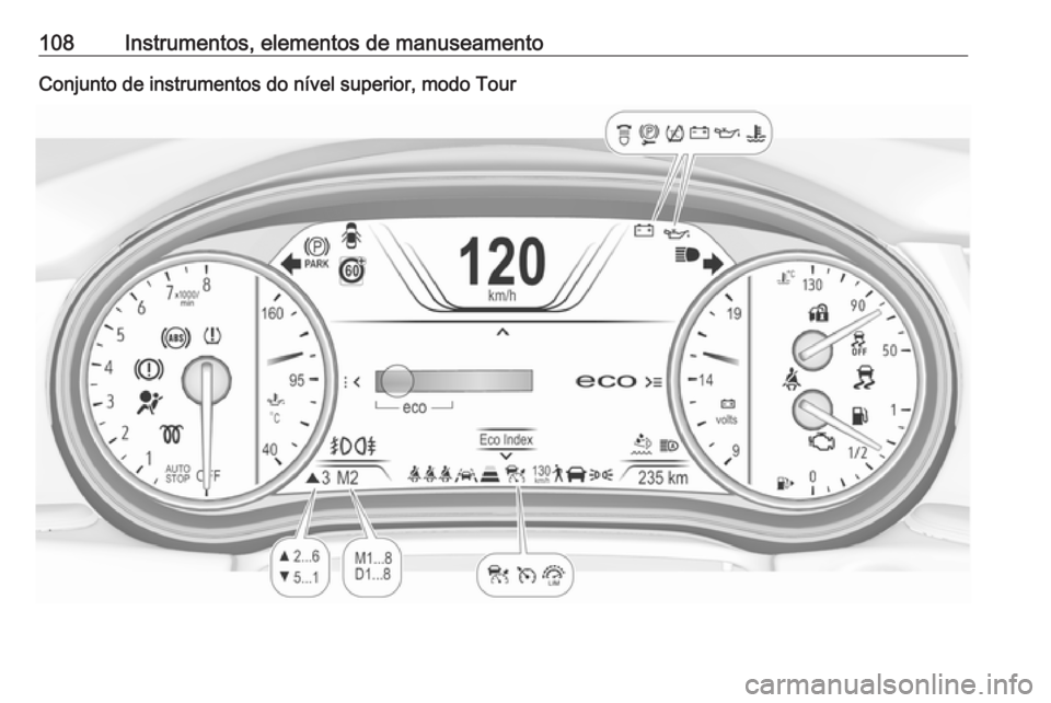OPEL INSIGNIA BREAK 2018.5  Manual de Instruções (in Portugues) 108Instrumentos, elementos de manuseamentoConjunto de instrumentos do nível superior, modo Tour 