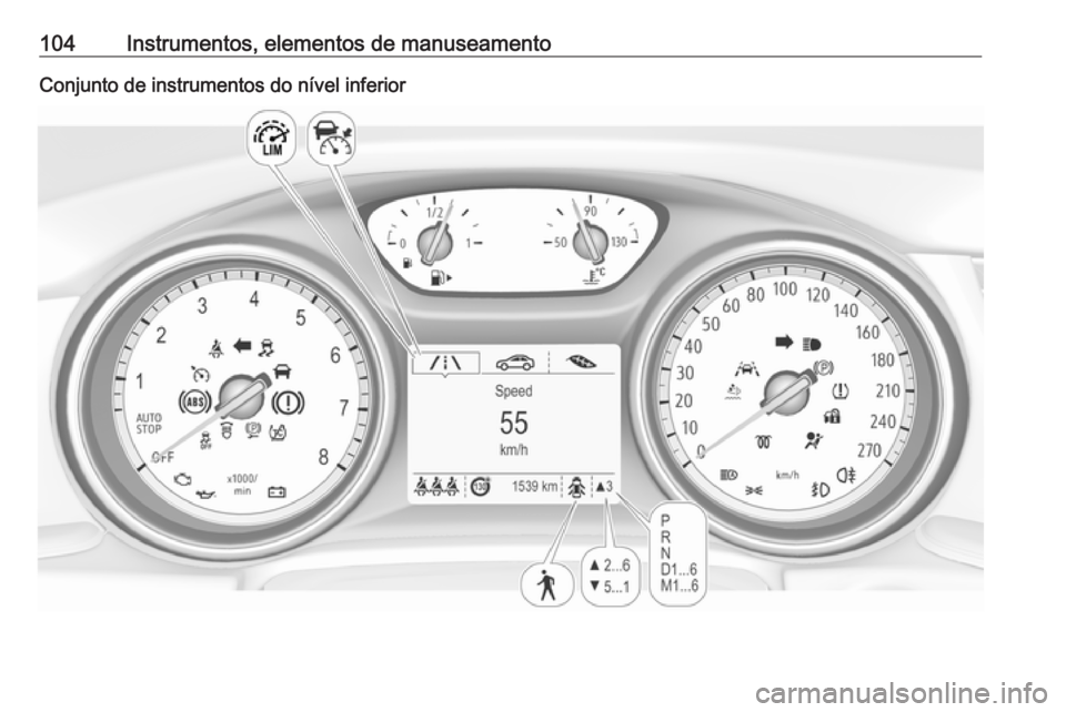 OPEL INSIGNIA BREAK 2019  Manual de Instruções (in Portugues) 104Instrumentos, elementos de manuseamentoConjunto de instrumentos do nível inferior 