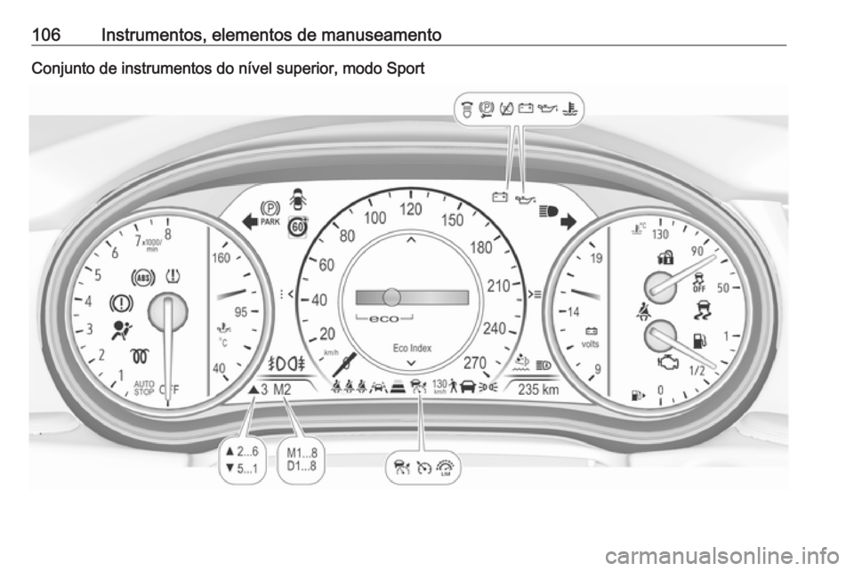 OPEL INSIGNIA BREAK 2019  Manual de Instruções (in Portugues) 106Instrumentos, elementos de manuseamentoConjunto de instrumentos do nível superior, modo Sport 