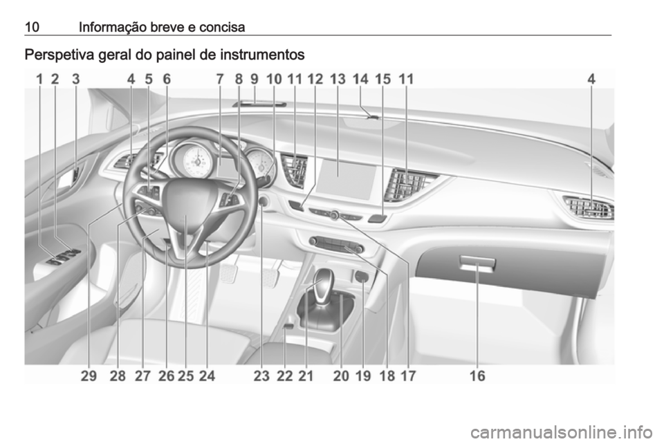 OPEL INSIGNIA BREAK 2019 Manual de Instruções (in Portugues) 10Informação breve e concisaPerspetiva geral do painel de instrumentos OPEL INSIGNIA BREAK 2019 Manual de Instruções (in Portugues) 10Informação breve e concisaPerspetiva geral do painel de instrumentos