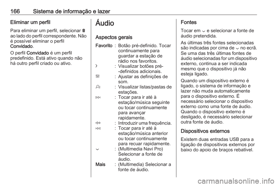 OPEL INSIGNIA BREAK 2019 Manual de Instruções (in Portugues) 166Sistema de informação e lazerEliminar um perfil
Para eliminar um perfil, selecionar f
ao lado do perfil correspondente. Não é possível eliminar o perfil
Convidado .
O perfil Convidado é um OPEL INSIGNIA BREAK 2019 Manual de Instruções (in Portugues) 166Sistema de informação e lazerEliminar um perfil
Para eliminar um perfil, selecionar f
ao lado do perfil correspondente. Não é possível eliminar o perfil
Convidado .
O perfil Convidado é um